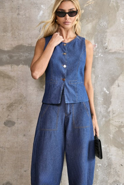 Conjunto Calça Barrel e Colete Jeans  Camila