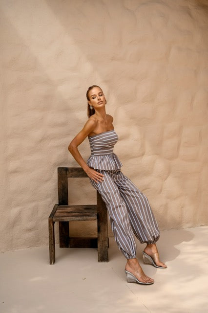 Conjunto Calça Aladim e Blusa Peplum Listras
