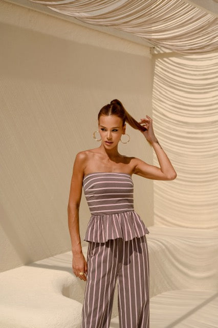 Conjunto Calça Aladim e Blusa Peplum Listras
