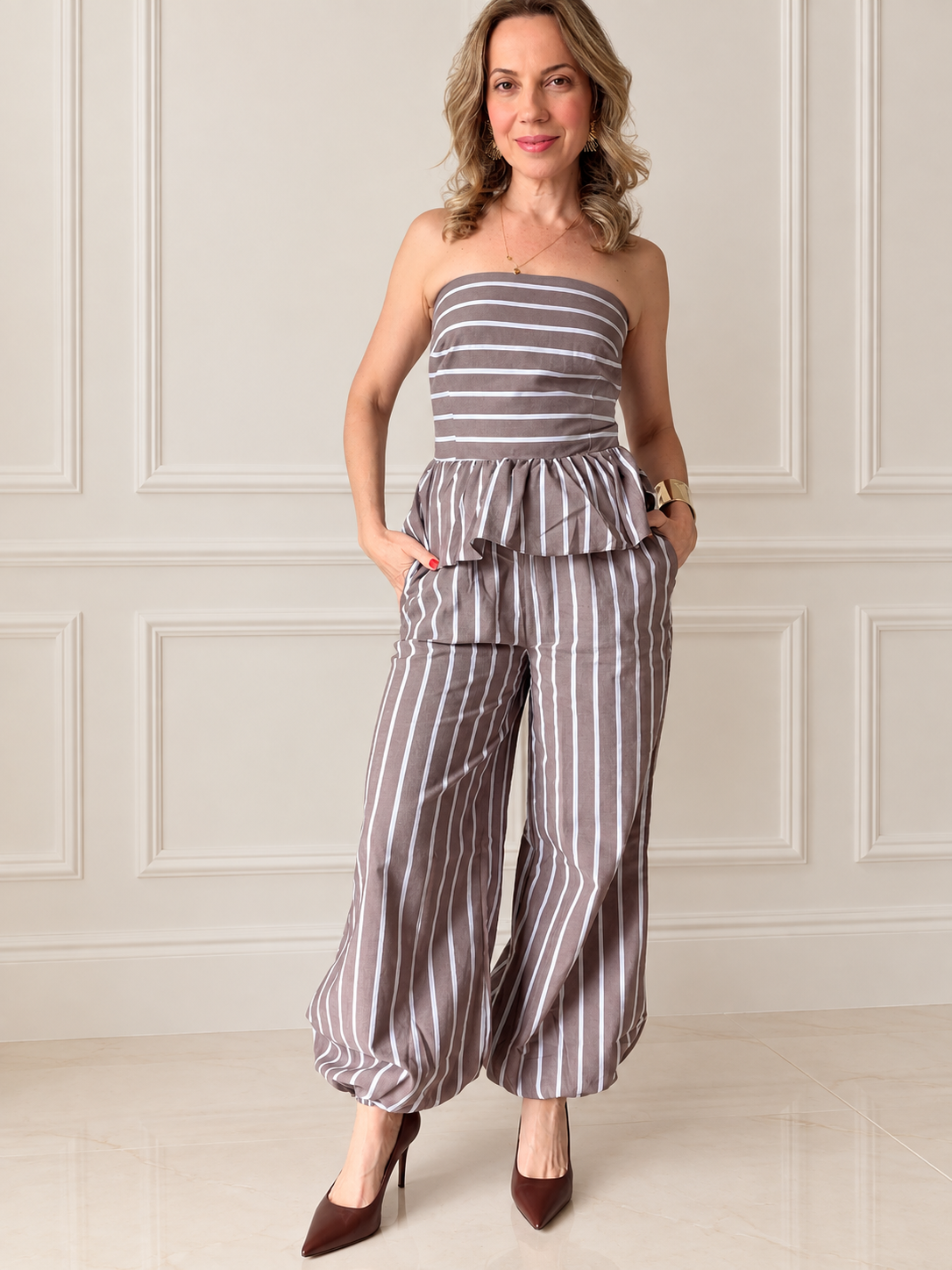Conjunto Calça Aladim e Blusa Peplum Listras