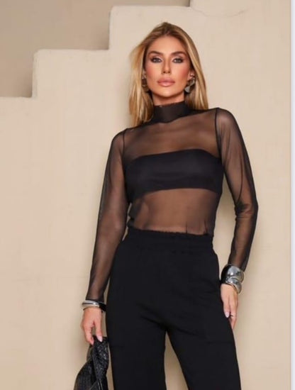 Blusa Tule Manga Longa com Top - PRÉ VENDA / ENVIO EM 19/05