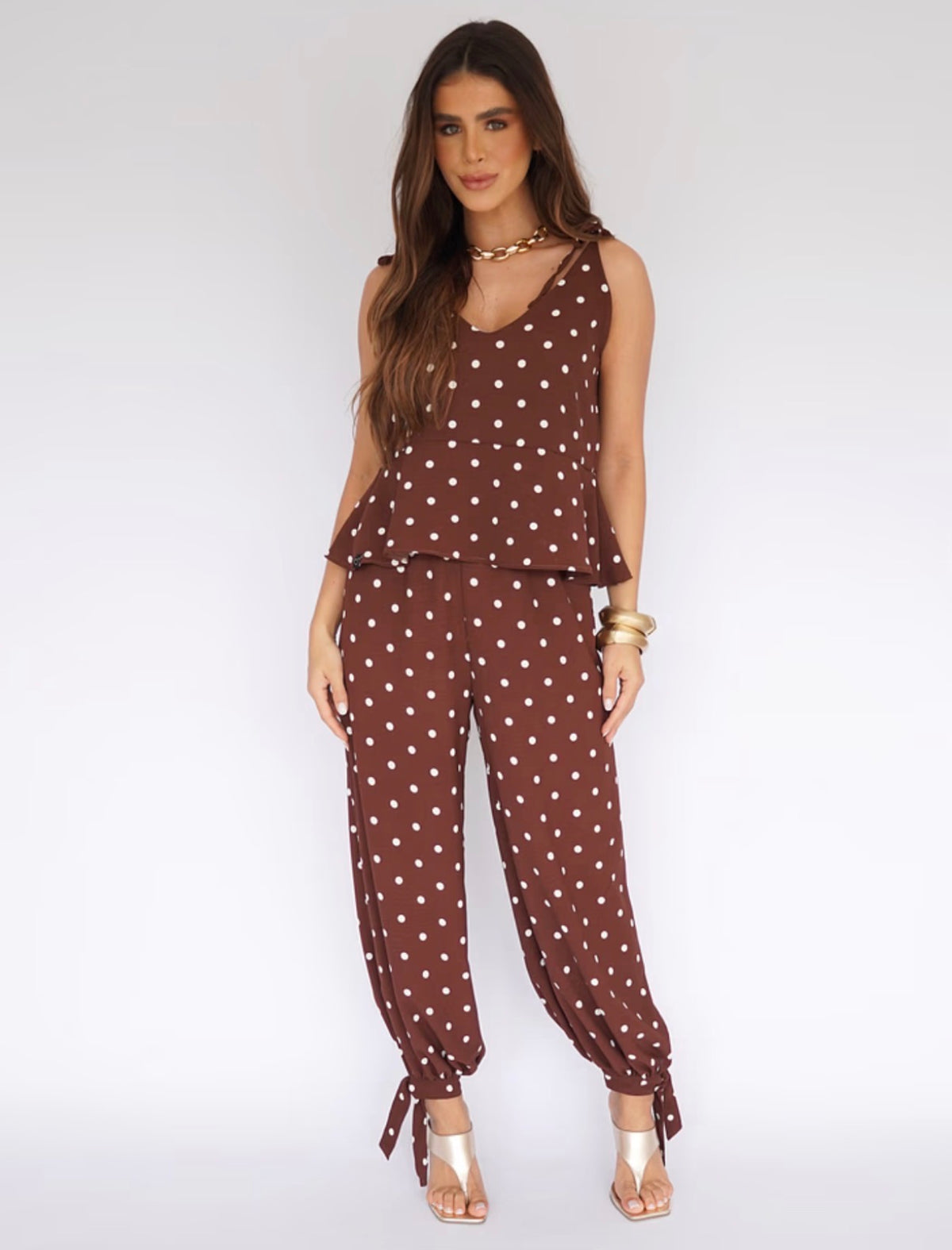 Conjunto Calça Aladim e Blusa Peplum Poá