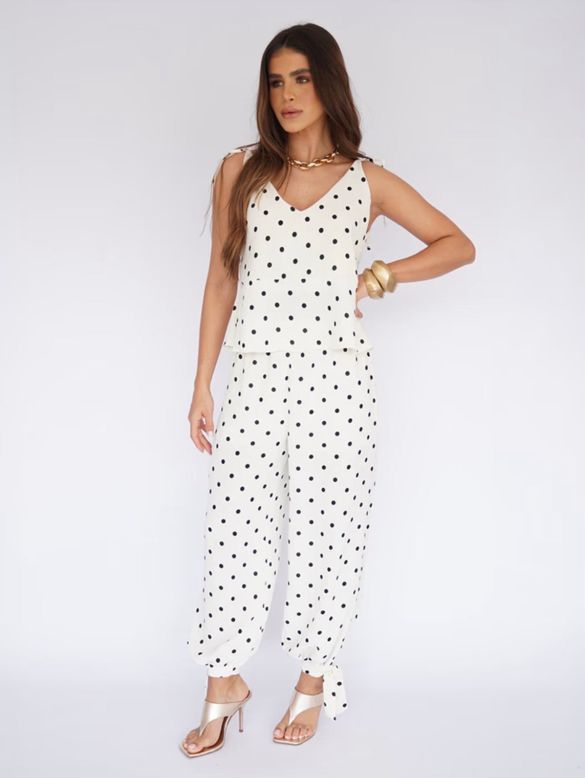 Conjunto Calça Aladim e Blusa Peplum Poá