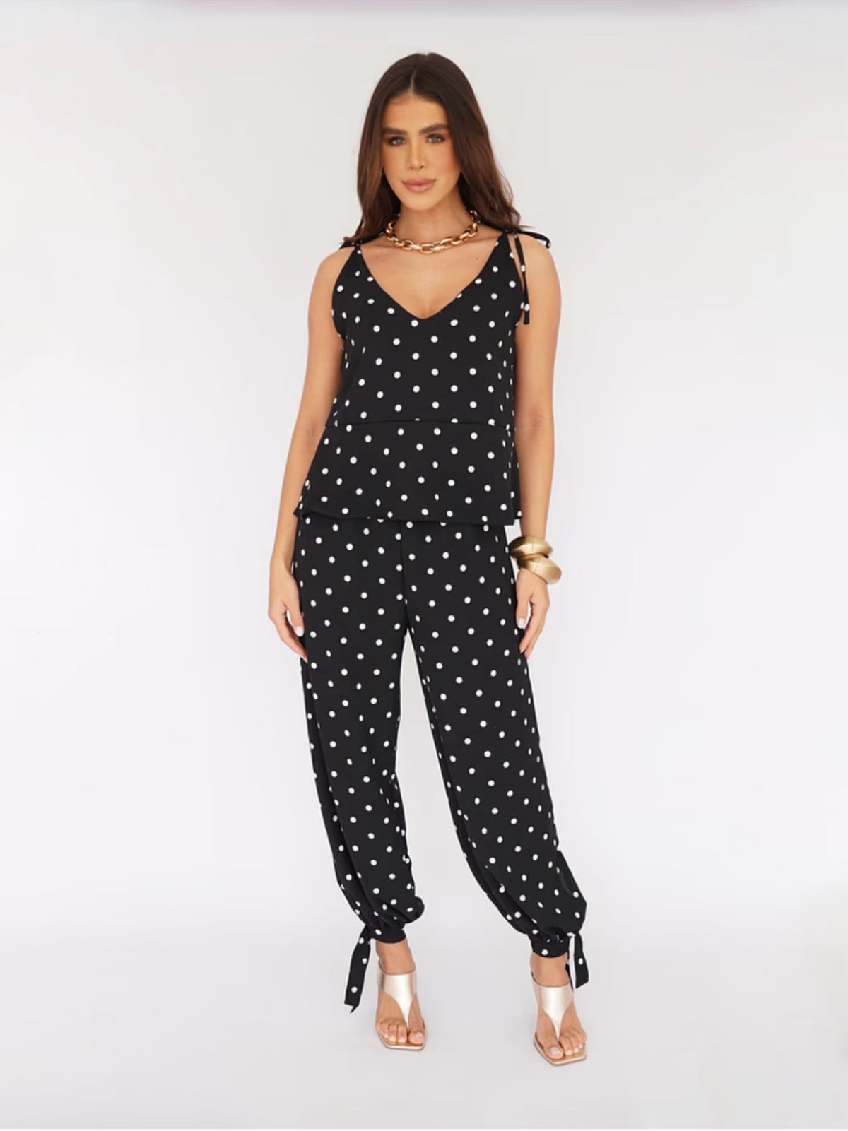 Conjunto Calça Aladim e Blusa Peplum Poá