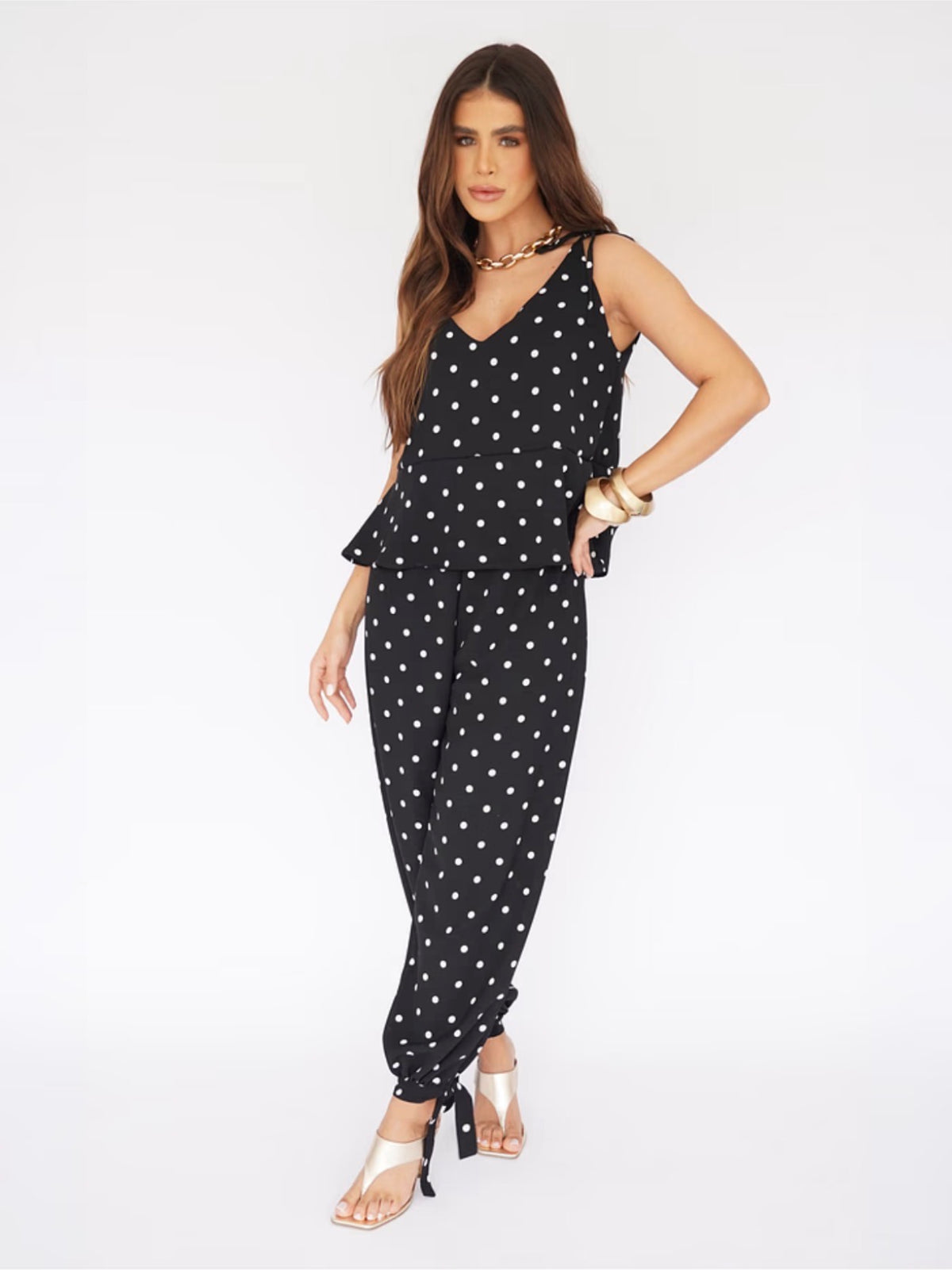 Conjunto Calça Aladim e Blusa Peplum Poá